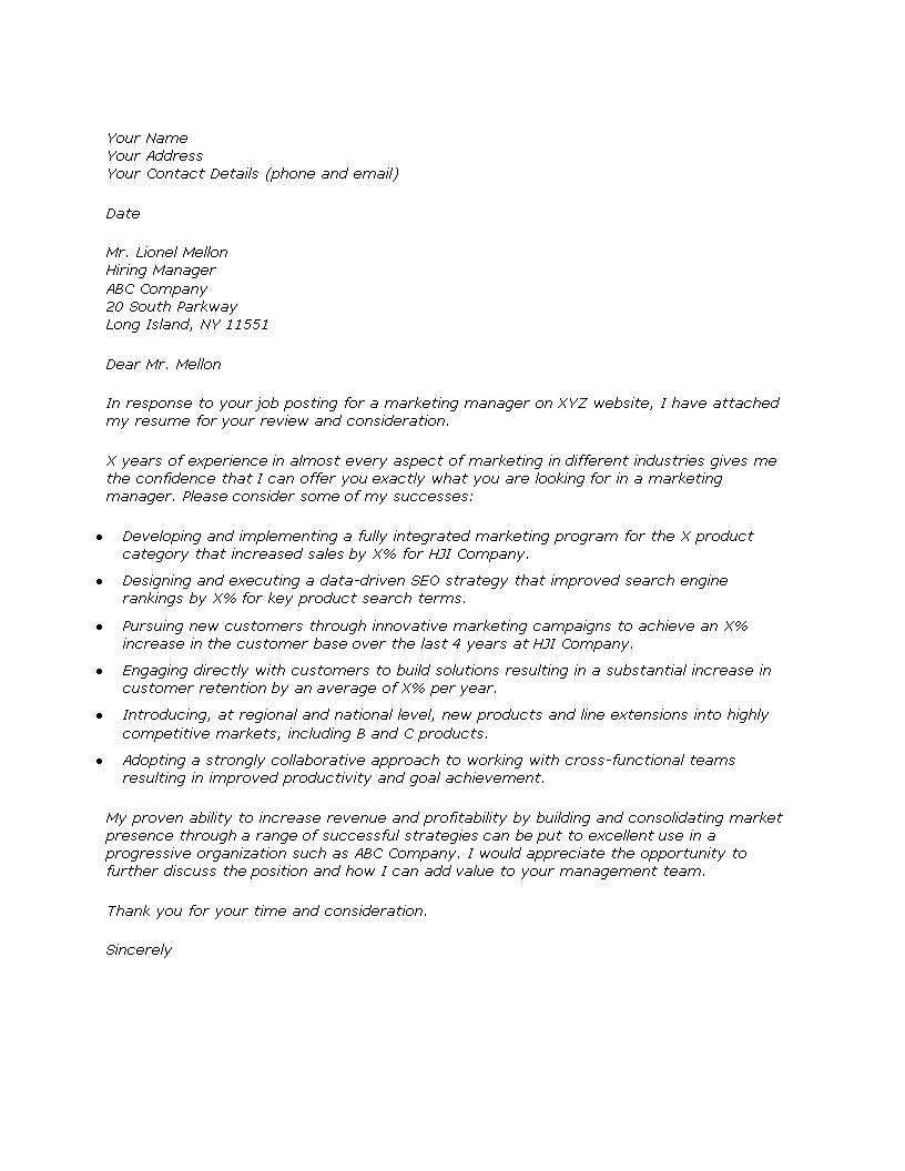 sample of application letter for a marketing manager