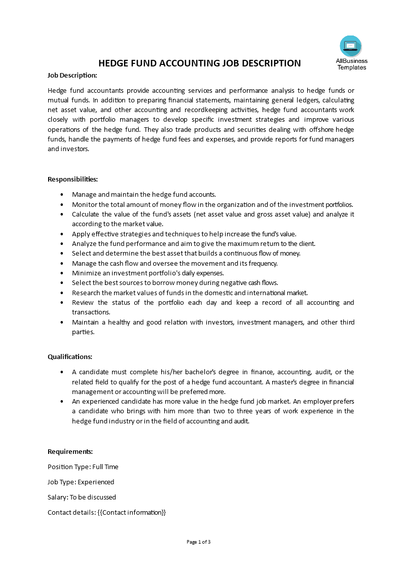 Hedge Fund Accounting Job Description Templates At 