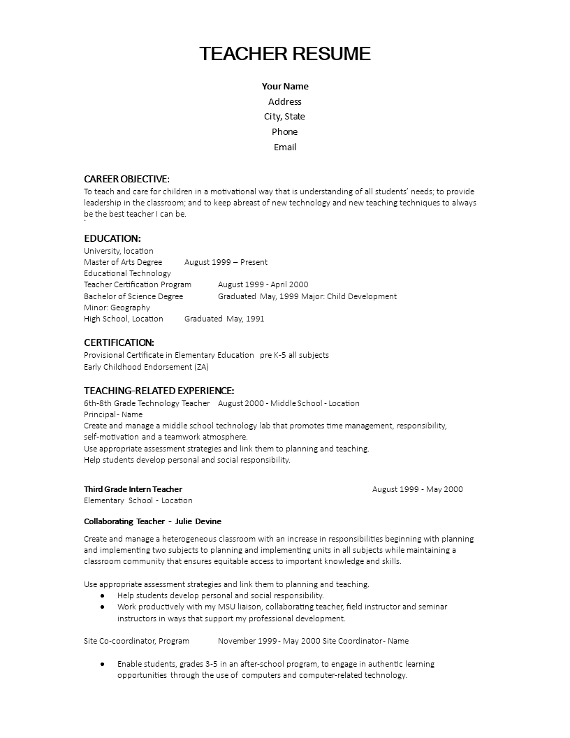 Kostenloses Experienced Teacher Resume Objective