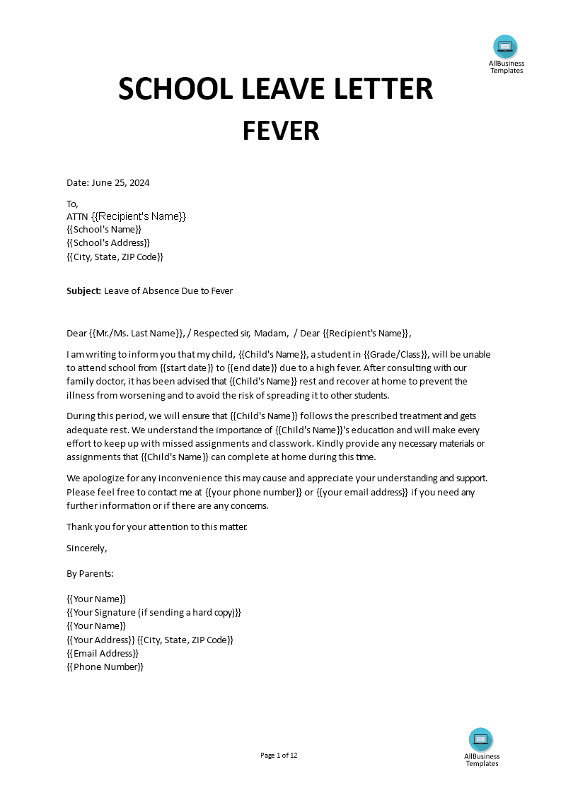 School Leave Letter due to Fever 模板