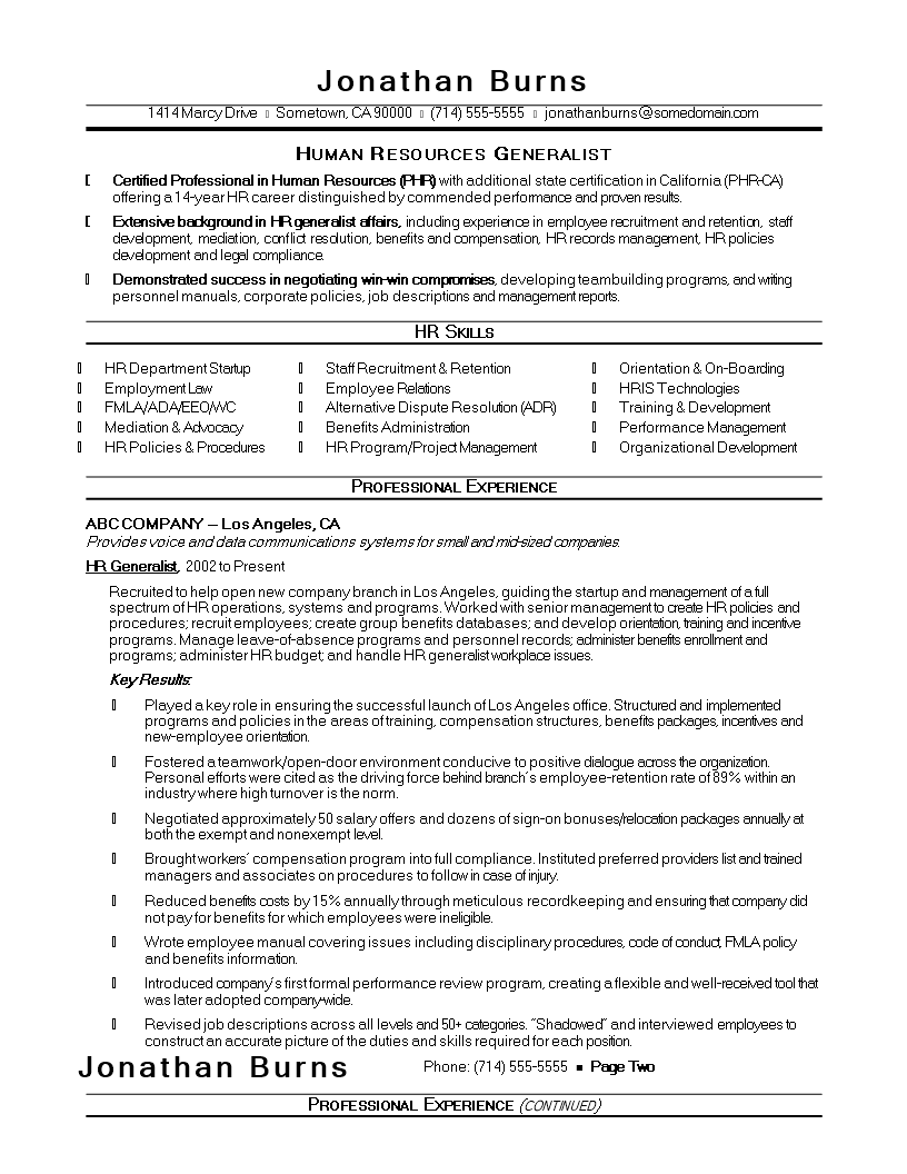 human resources generalist job description for resume