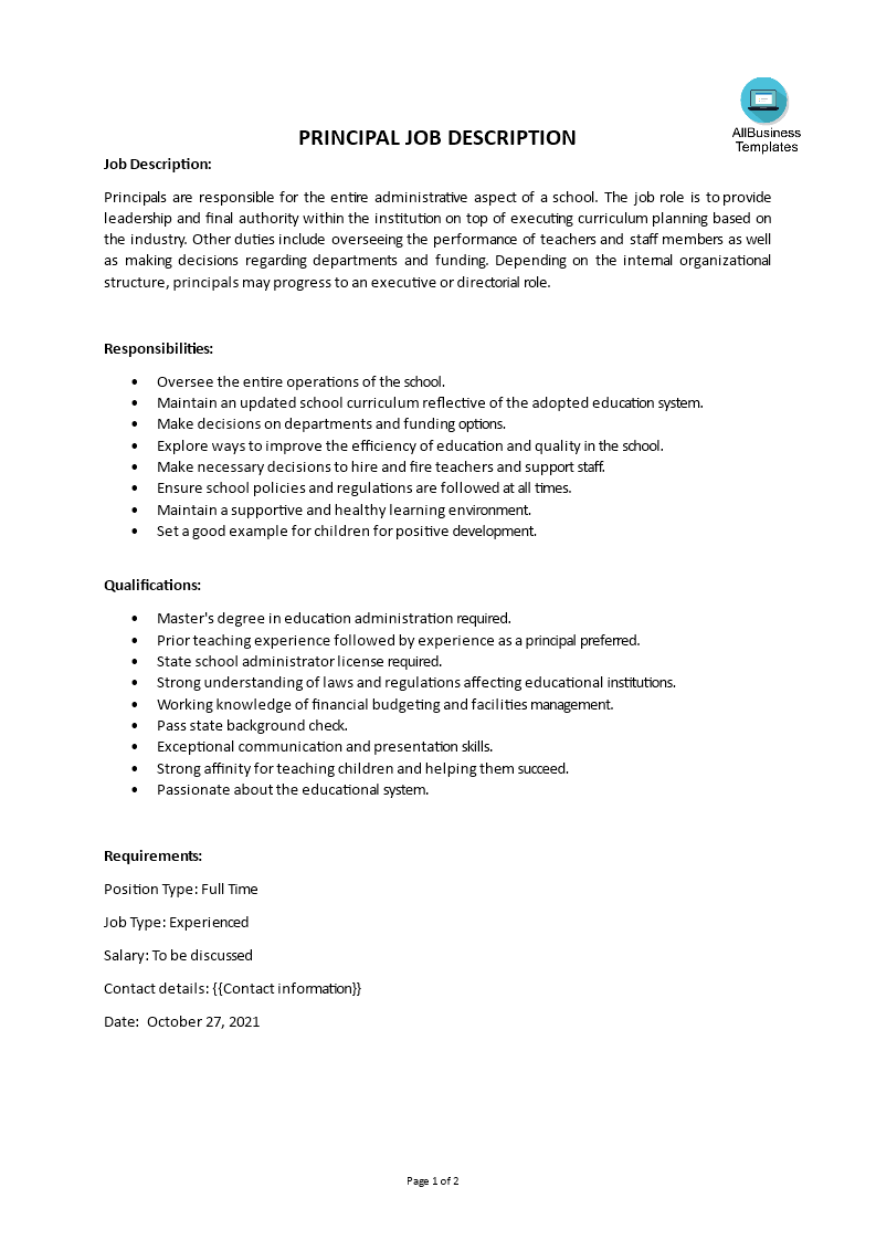 Libreng Principal Job Description