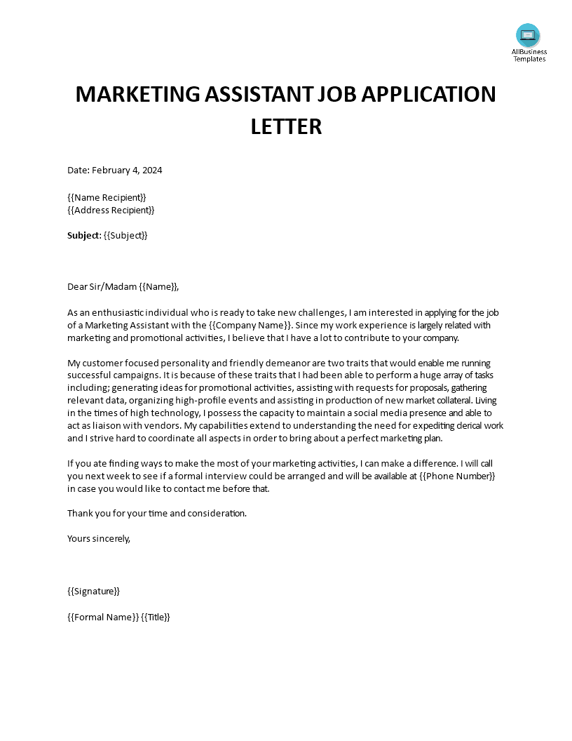 draft an application letter for the post of marketing assistant