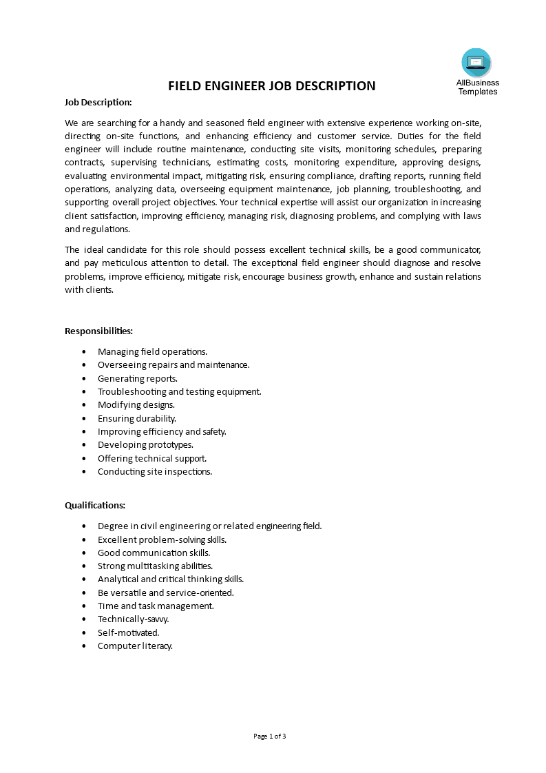 Gratis Field Engineer Job Description