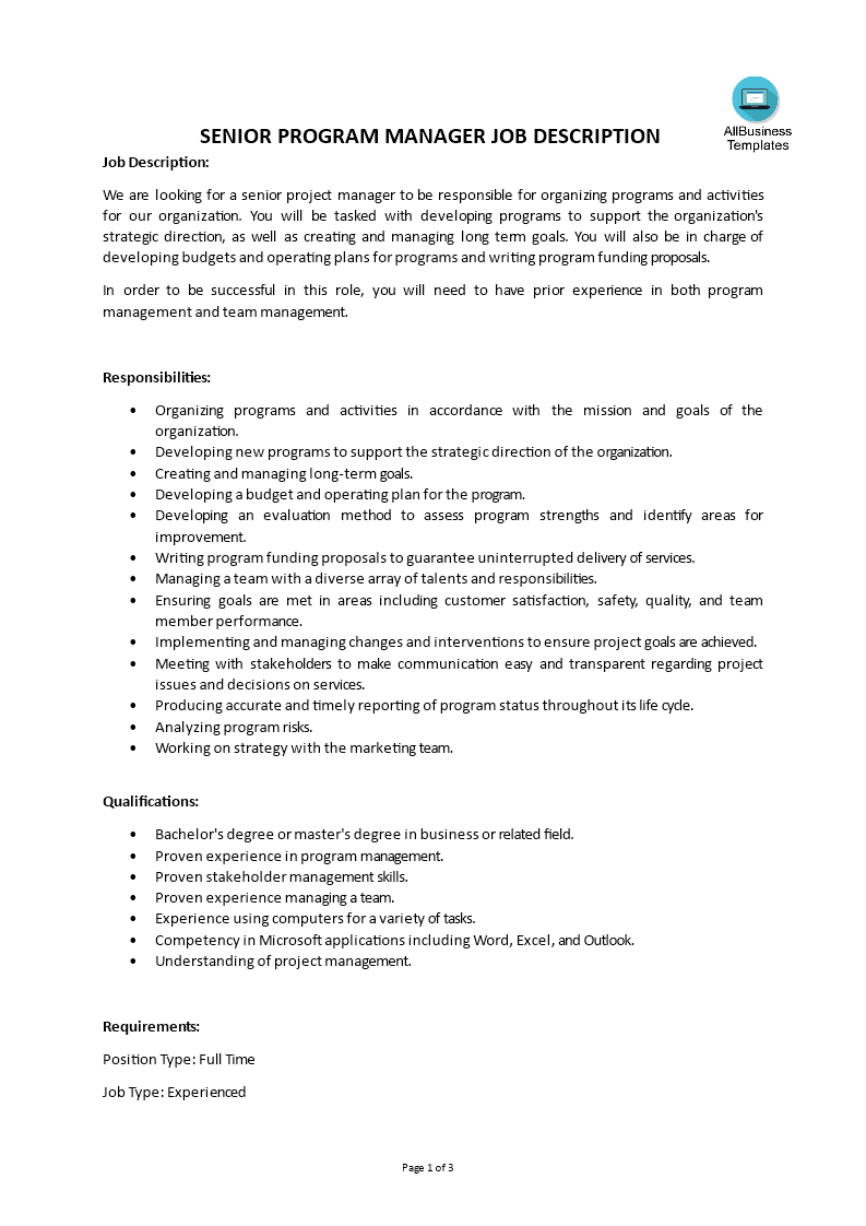 Senior Program Manager Job Description Gratis