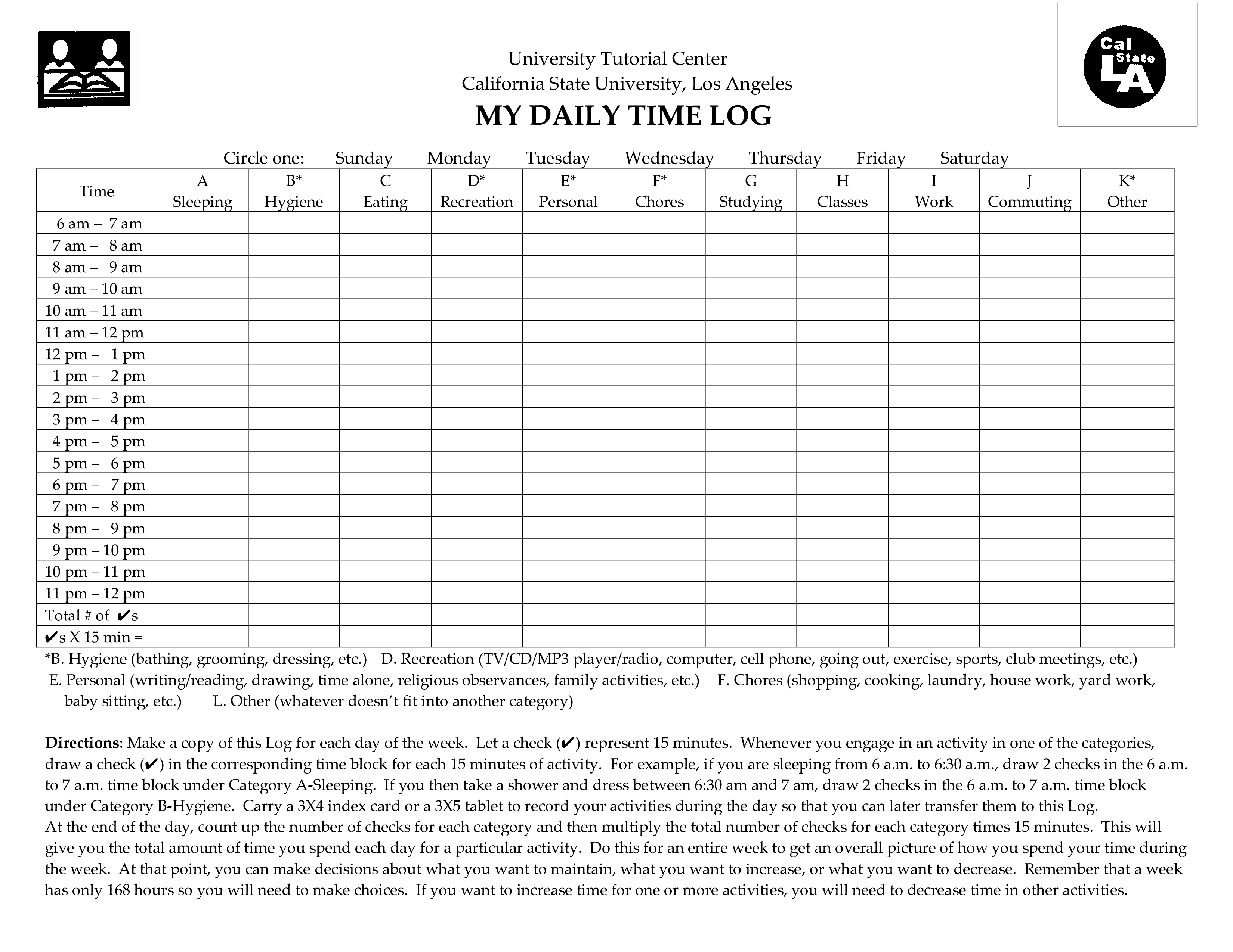 Kostenloses Time Log Sheet