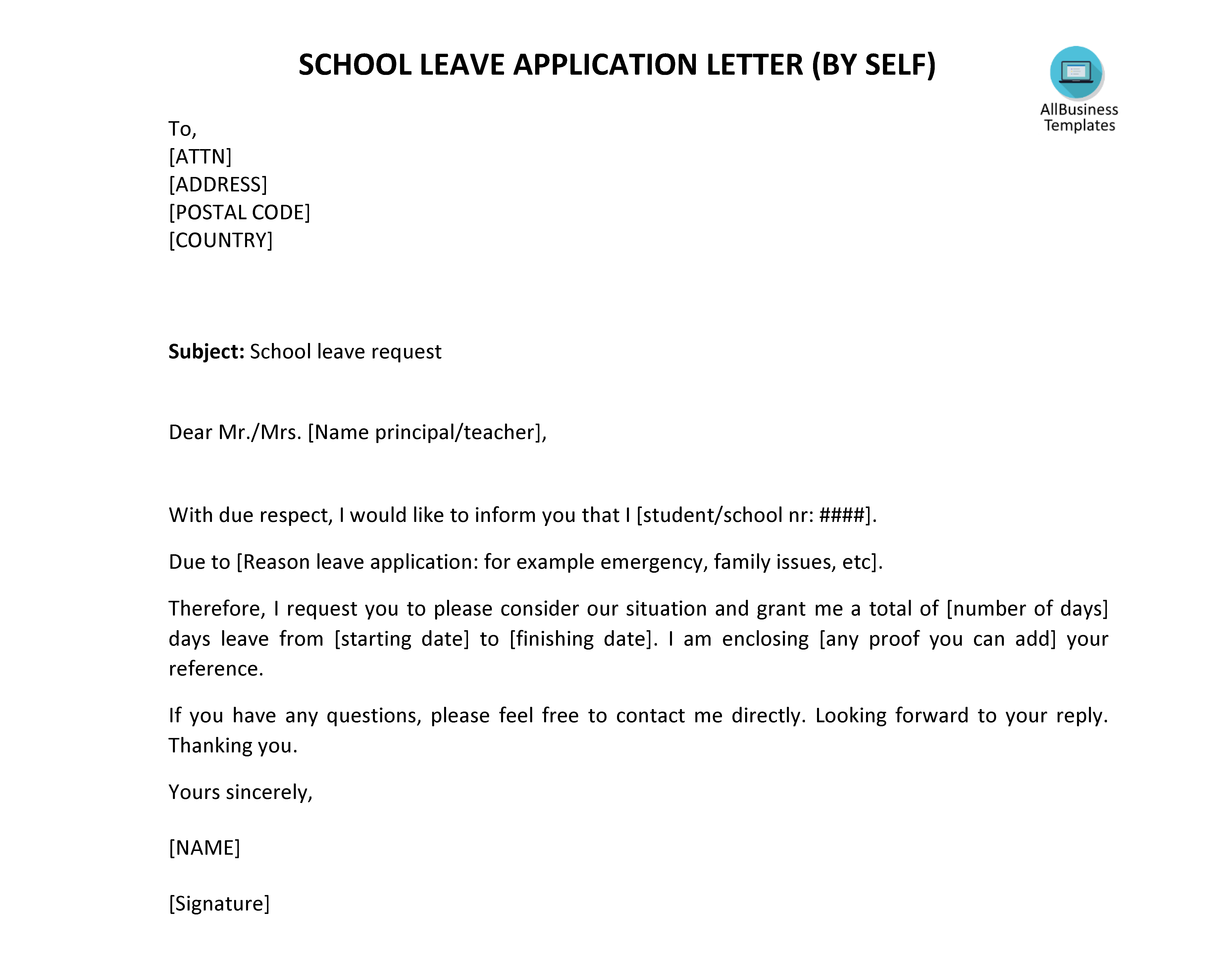 免费 School Leave Letter By Self | 样本文件在 allbusinesstemplates.com