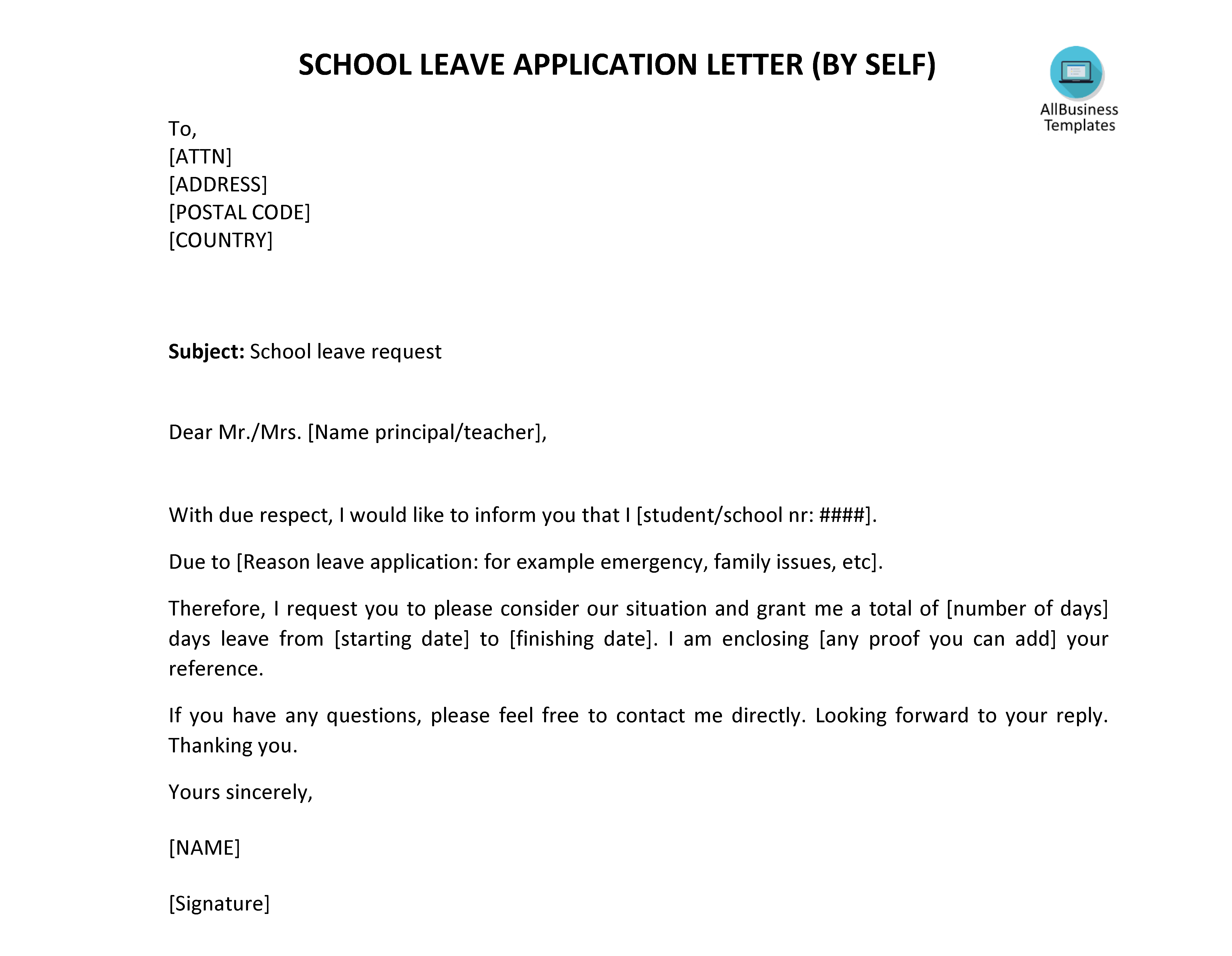 School Leave Letter By Self Templates At Allbusinesstemplates