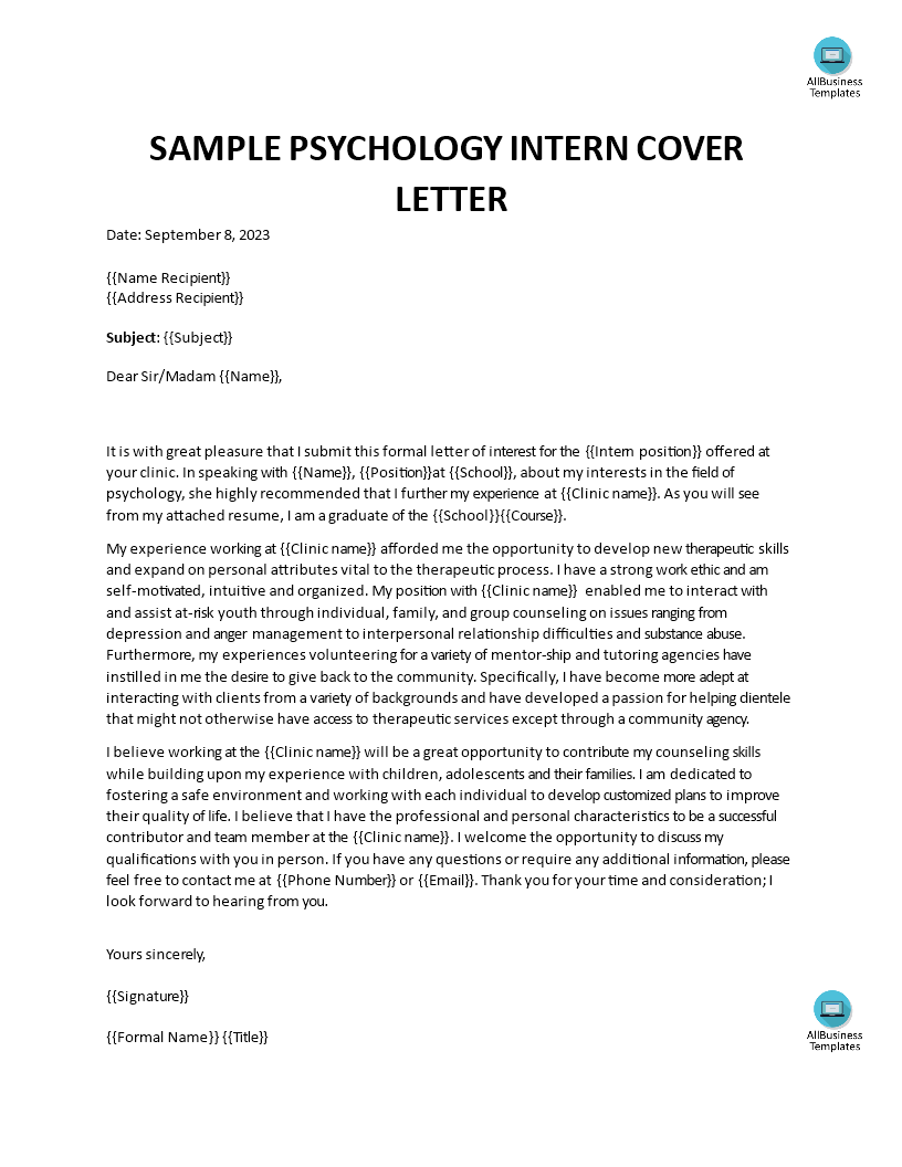 cover letter example for psychology internship