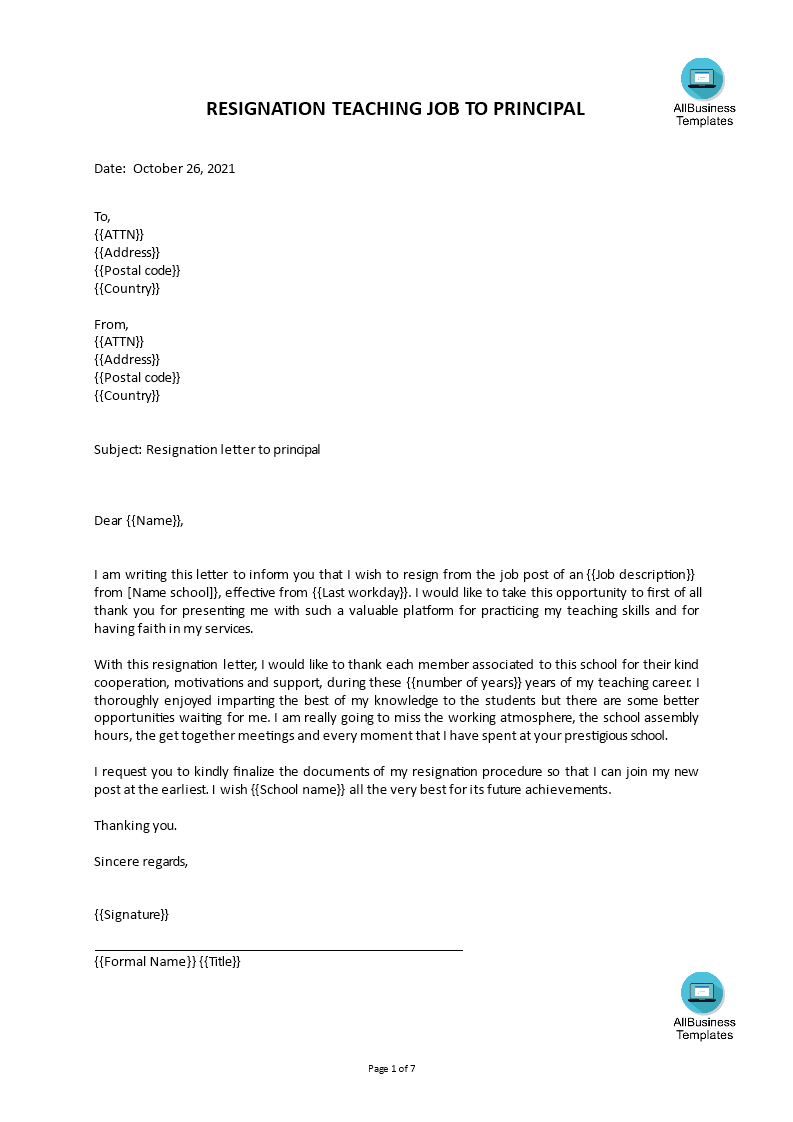 Sample Teacher Resignation Letter To Principal Templates At Allbusinesstemplates Com