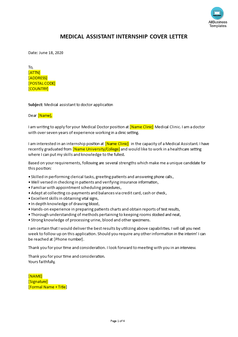 sample cover letter for internship for medical assistant