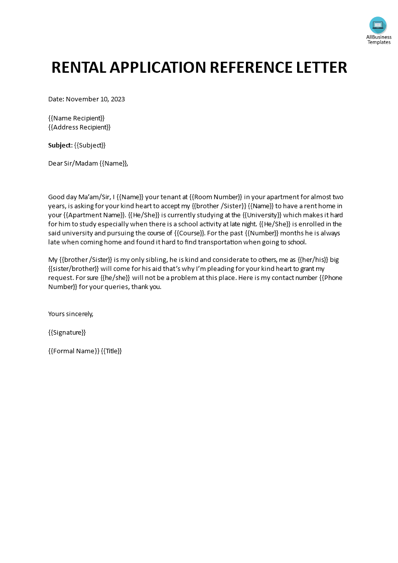 Rental Application Reference Letter Templates At Allbusinesstemplates