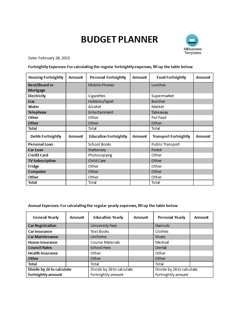 budget planner template voorbeeld afbeelding 