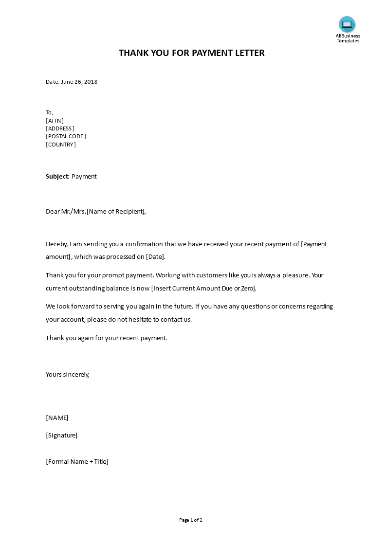 Payment Thank You Letter Format main image