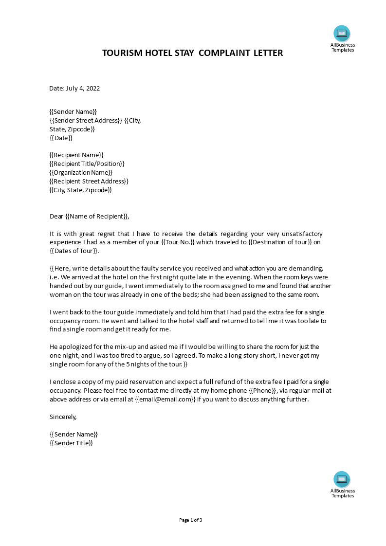 Accomodation Complaint Letter template | Templates at ...