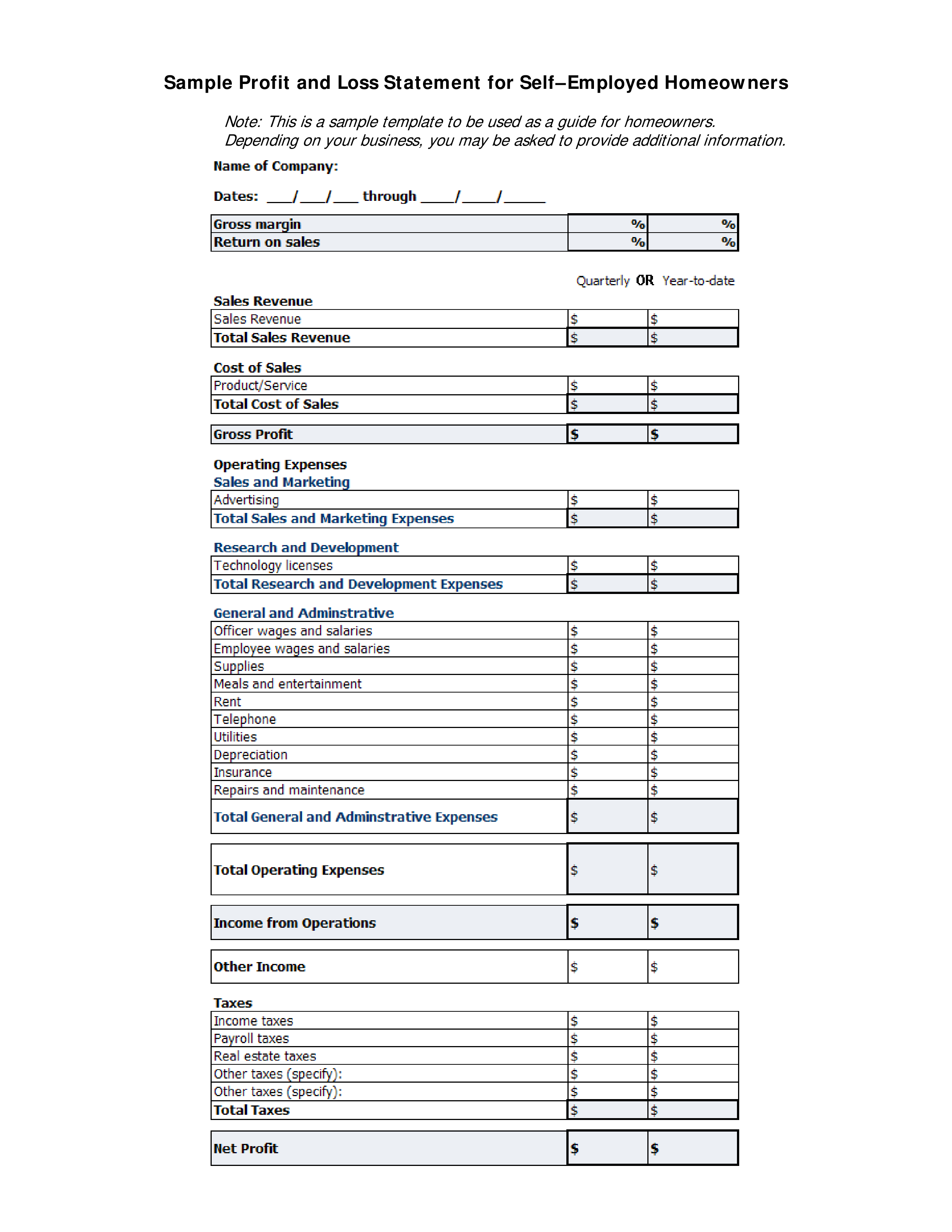 Printable Profit And Loss Statement Form Templates At 