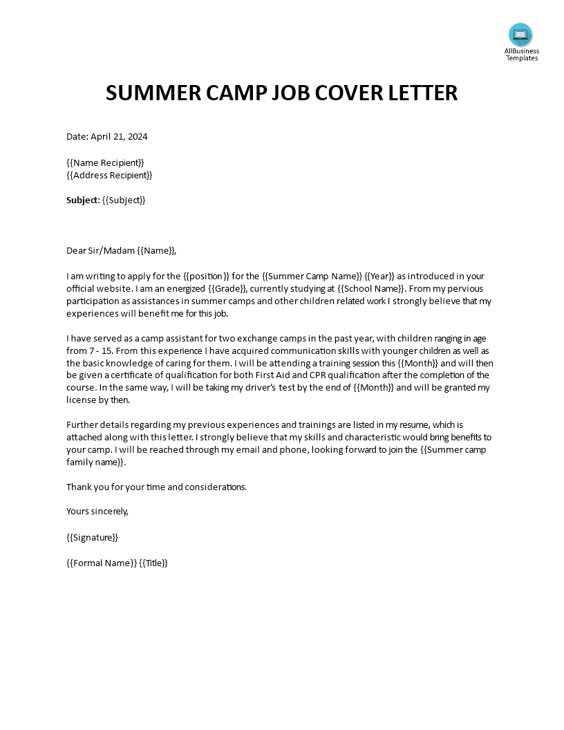 how to write a cover letter for summer camp job