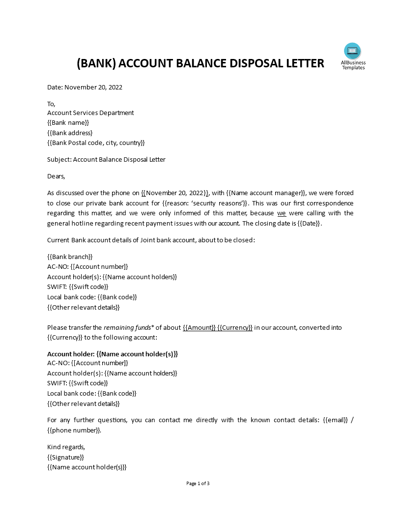 account balance disposal letter template