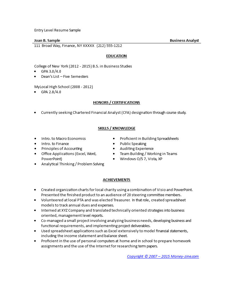 Entry Level Resume Sample Templates At Allbusinesstemplates