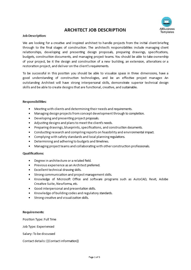 Architect Job Description Gratis