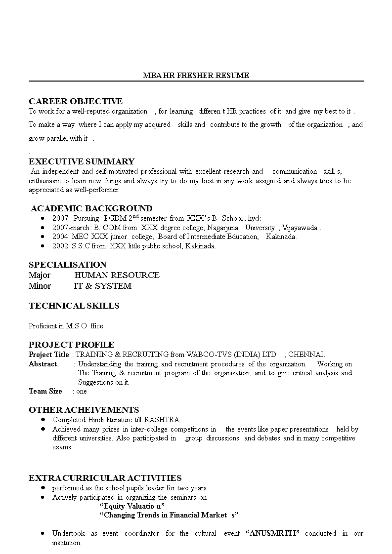 HR Fresher Resume Example Templates At Allbusinesstemplates