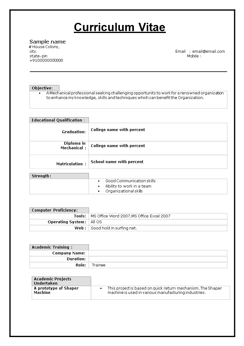 Resume Format For Mechanical Engineer Fresher | Templates ...