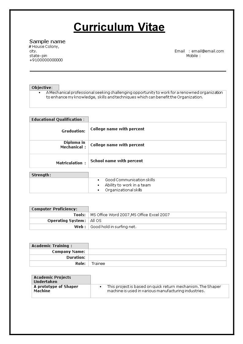 Resume Format For Mechanical Engineer Fresher Templates At 