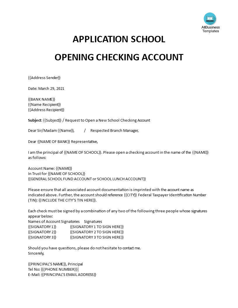bank account application letter template modèles