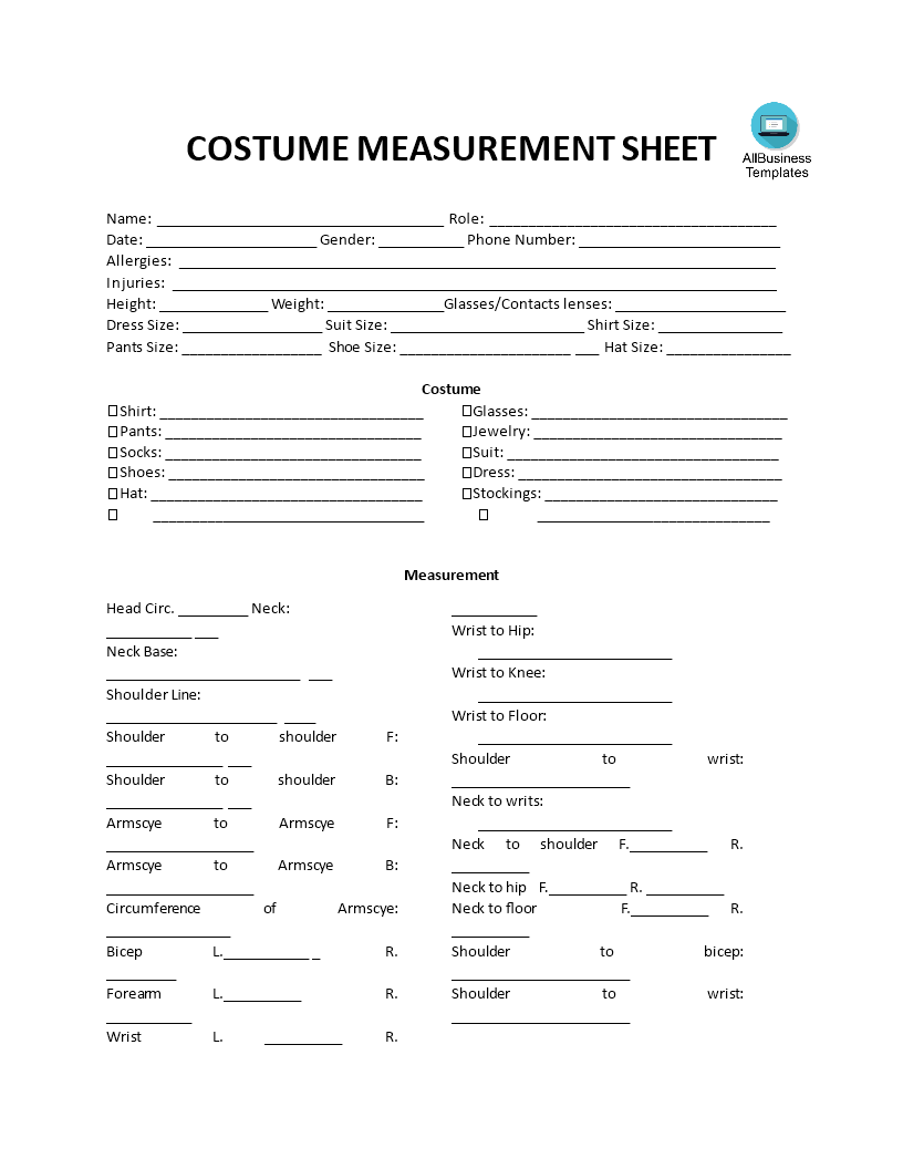 costume measurement sheet template