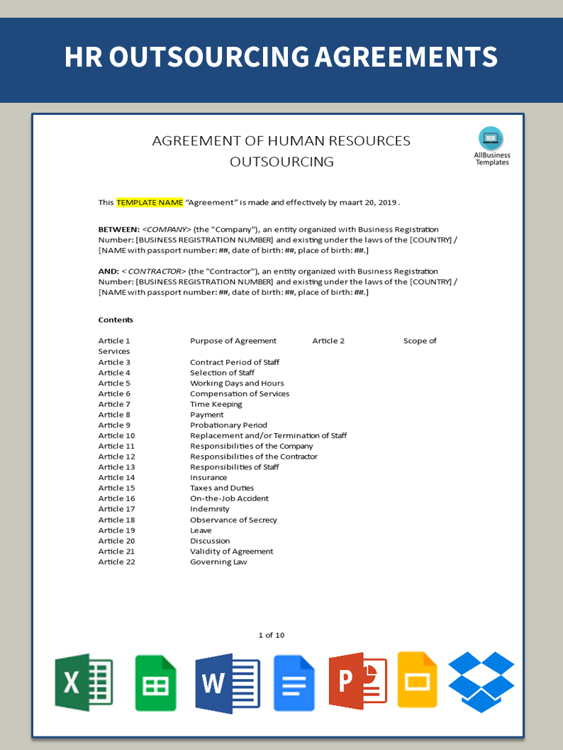 Human Resource Outsourcing Agreement Template Modele Professionnel