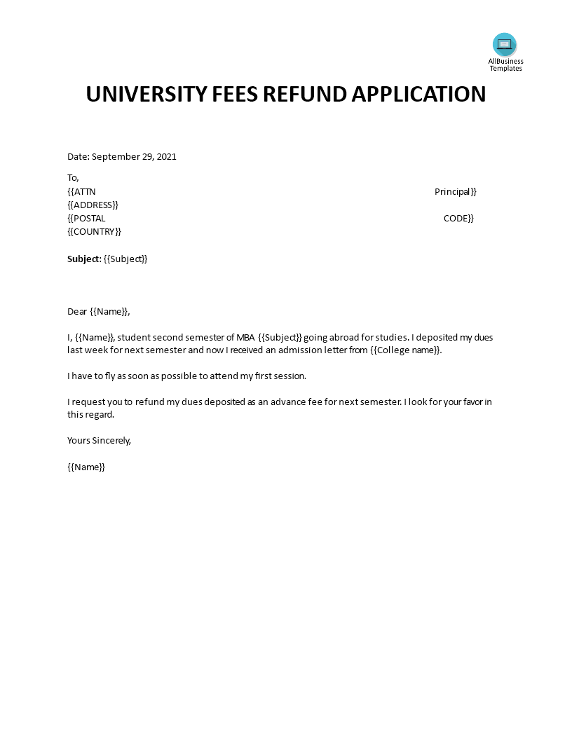 application letter for refund of tuition fee