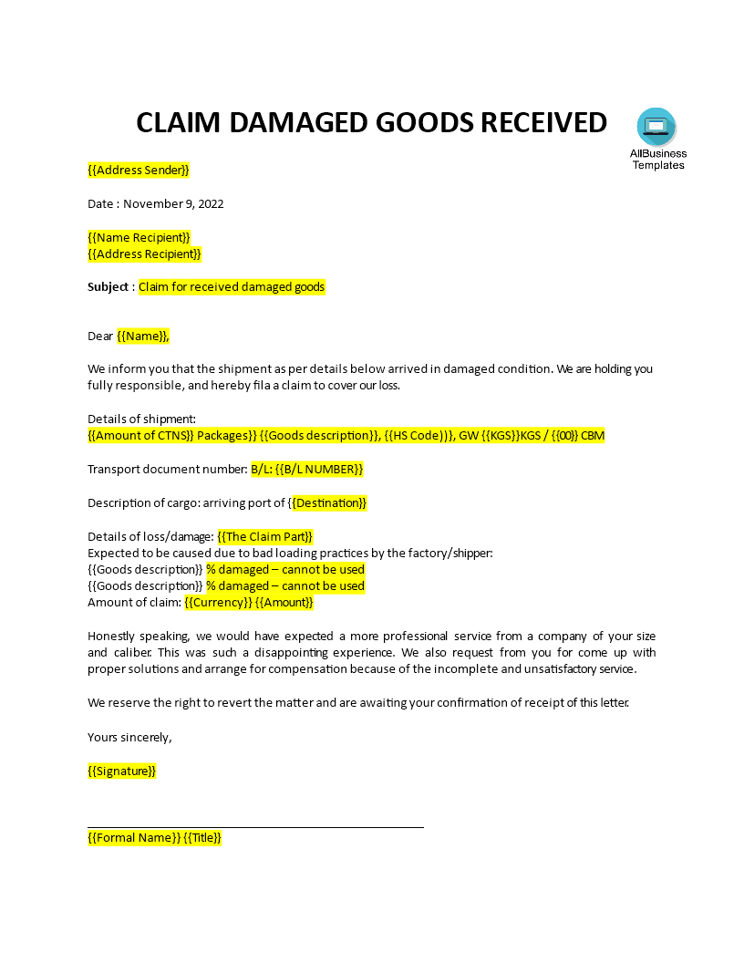 damaged goods claim letter template template
