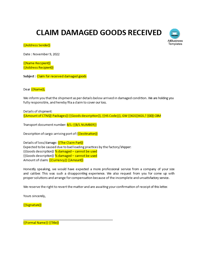 Damaged Goods Claim Letter Template Templates At Allbusinesstemplates