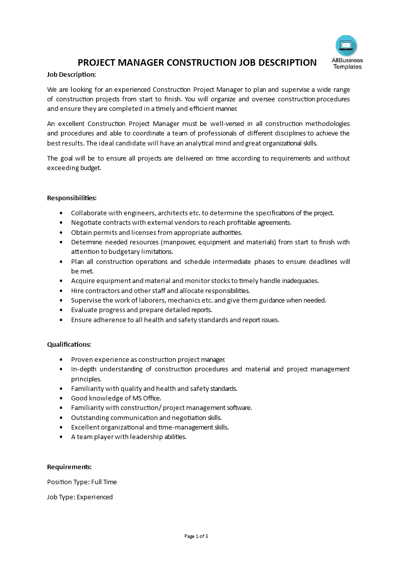  Project Manager Construction Job Description 