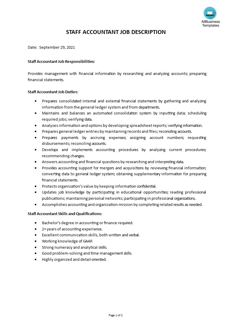 Kostenloses Staff Accountant Job Description