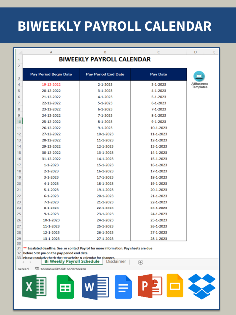 Kostenloses BiWeekly Payroll Calendar