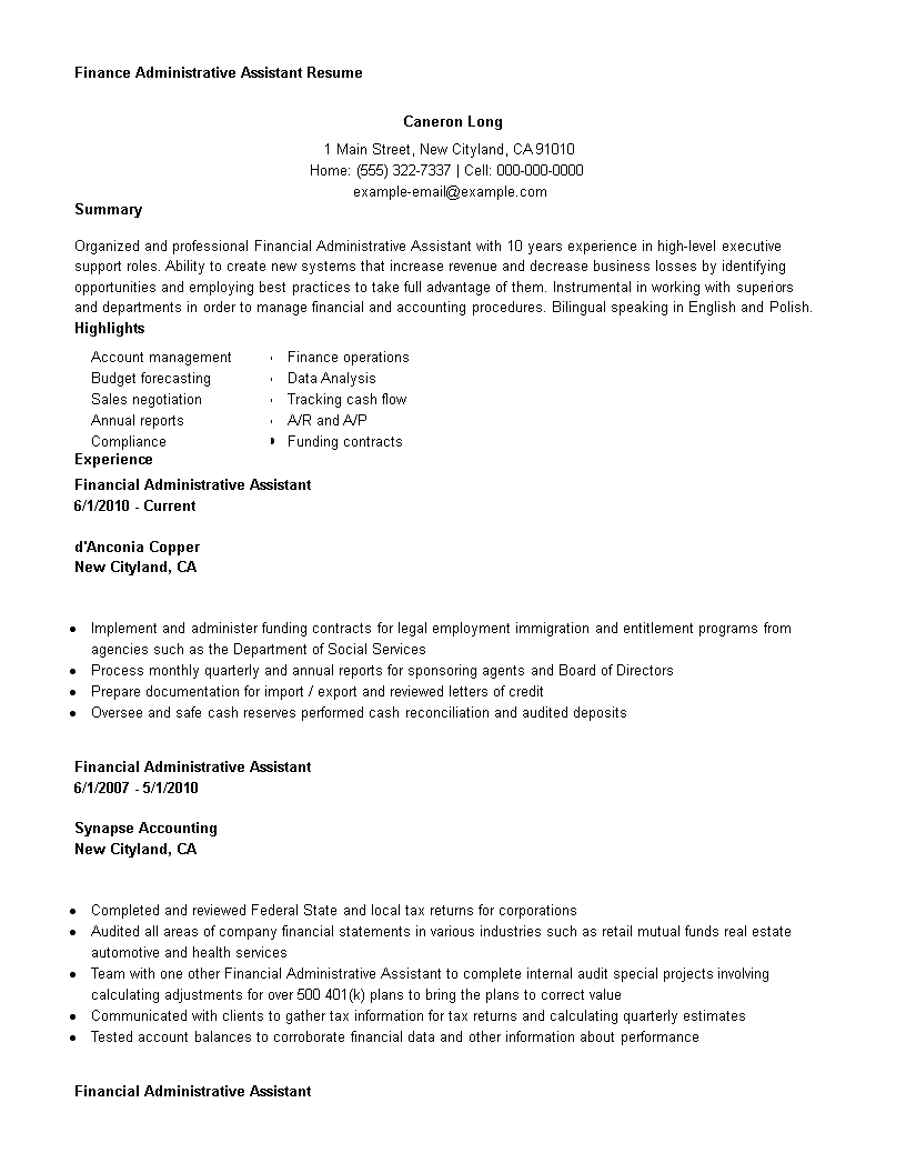  Finance Administrative Assistant Resume Allbusinesstemplates