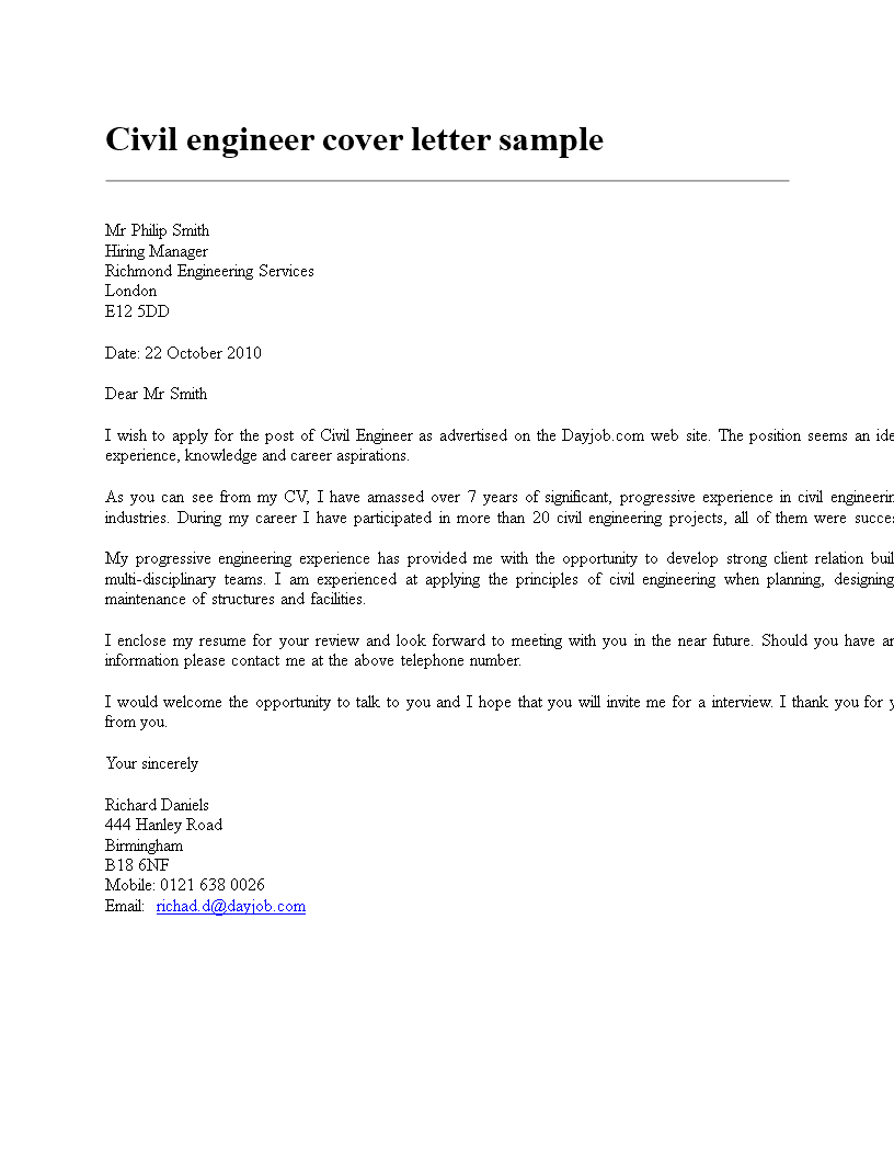 Cover Letter For Job Application For Civil Engineer - 90 ...