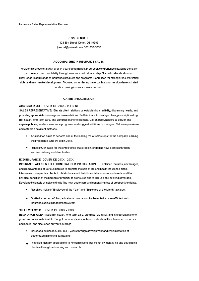 Insurance Sales Representative Resume Templates At 