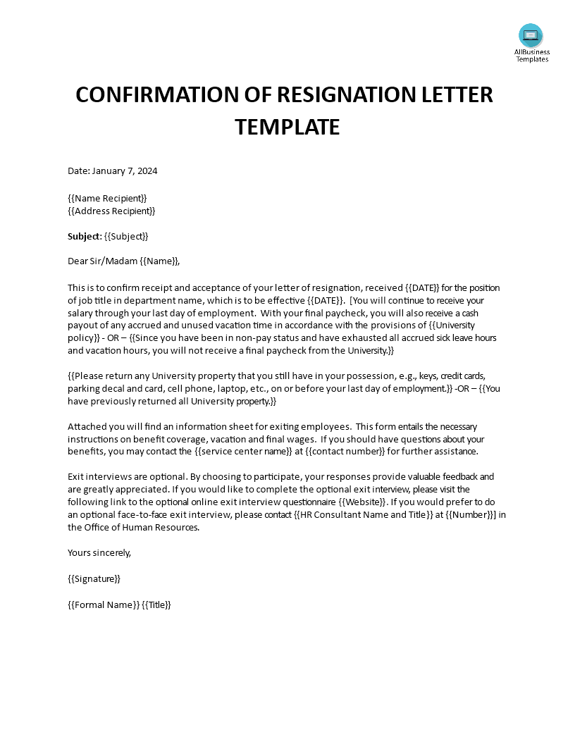 Confirmation Of Resignation Letter | Templates at allbusinesstemplates.com