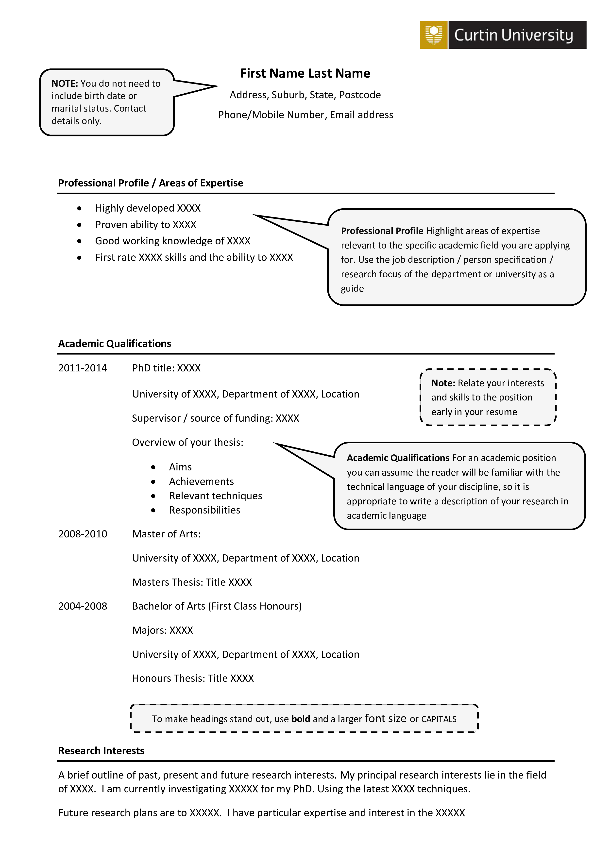 Kostenloses Academic Curriculum Vitae Format