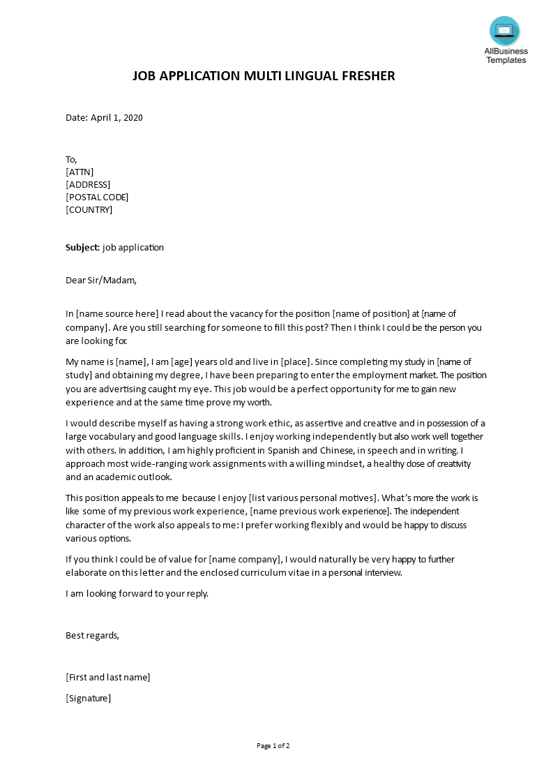 Multilingual Fresher Cover letter format | Templates at ...