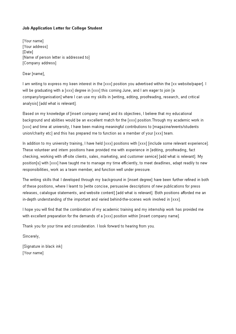 sample cover letter for job student