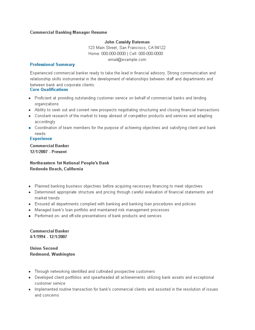 Commercial Banking Manager Resume sample main image