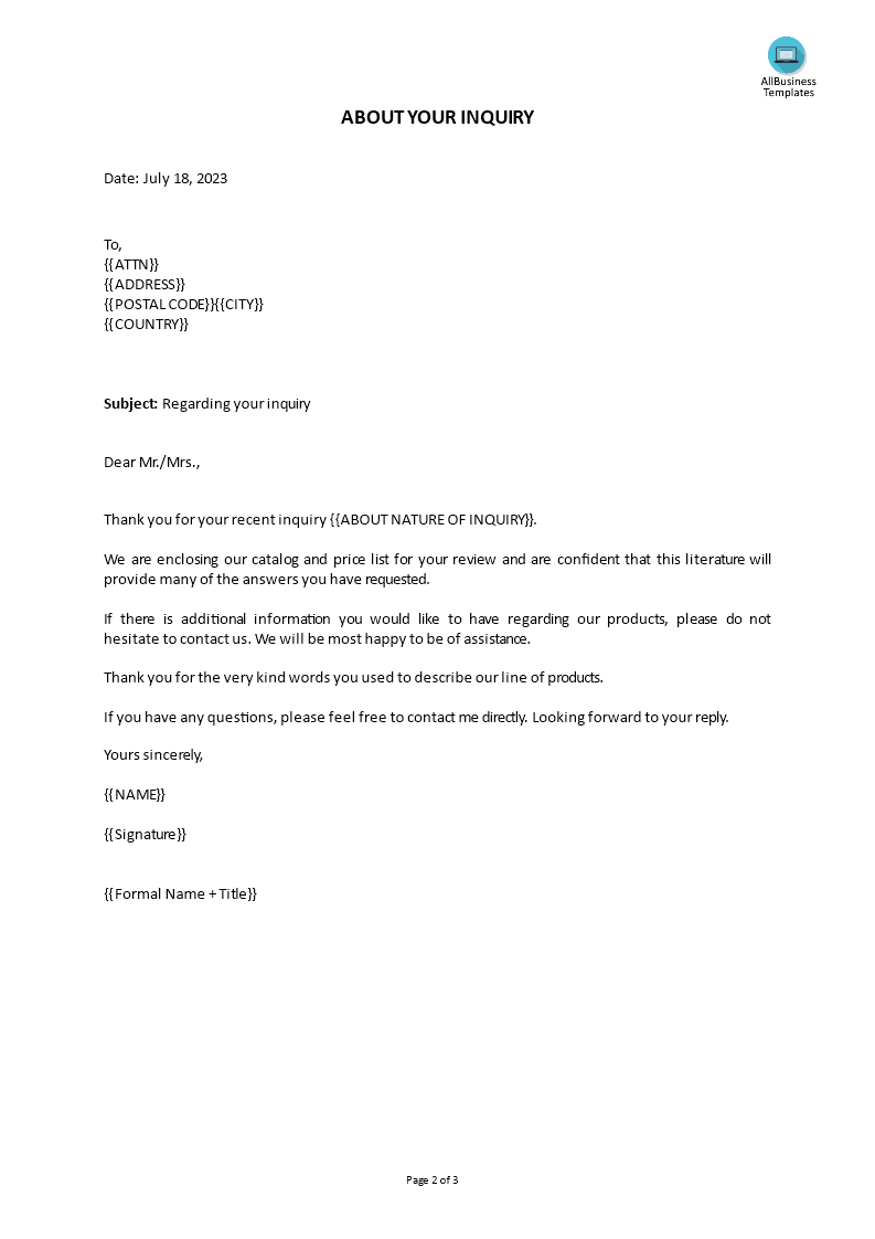 Cover Letter In Response To Inquiry | Templates at allbusinesstemplates.com