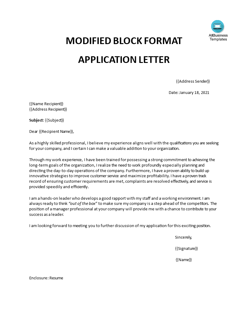 full block application letter sample
