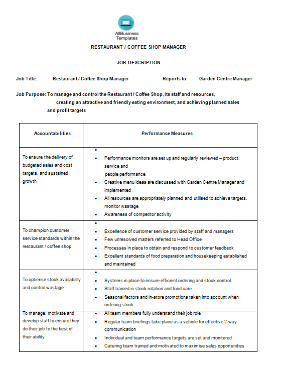 Restaurant Coffe Shop Manager Job Description Templates At 