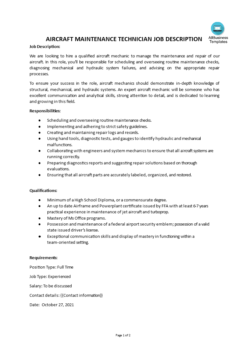  Aircraft Maintenance Technician Job Description 