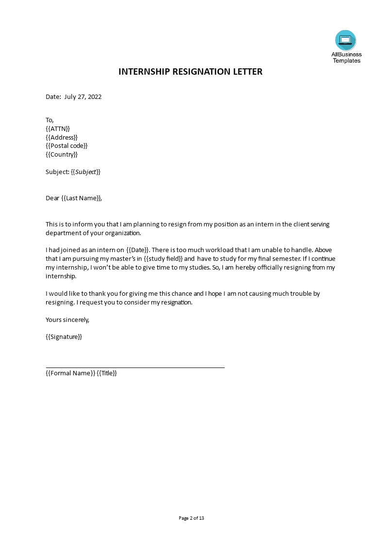 Hospital Internship Resignation Letter | Templates at ...