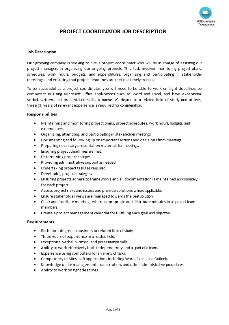 Gratis Project Coordinator Job Description